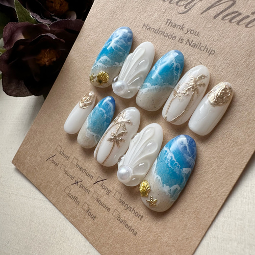 340》海 夏ネイル 波 ミラー ネイルチップ ゴールド ニュアンスネイル