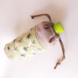 アルミ保冷保温シート 500ml巾着型ペットボトルケース カバー ホルダー お茶 飲み物 緑*いちご ミルクグリーン 8枚目の画像