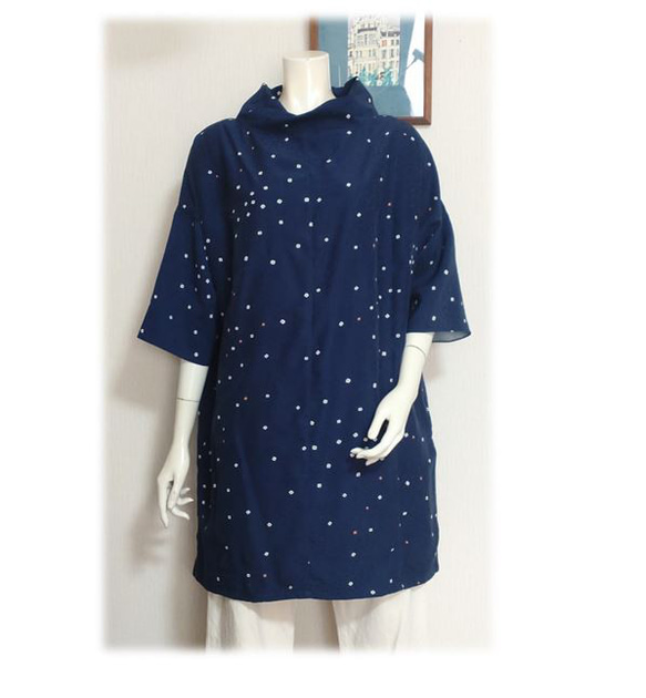 8 チュニック 1点物 プルオーバー 着物リメイク ねじりオフタートル 紺  