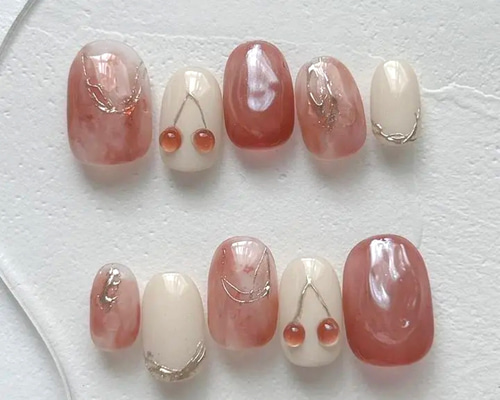 76 透け感/さくらんぼ ネイルチップ/うるうる/ブライダル/ピンクレッド