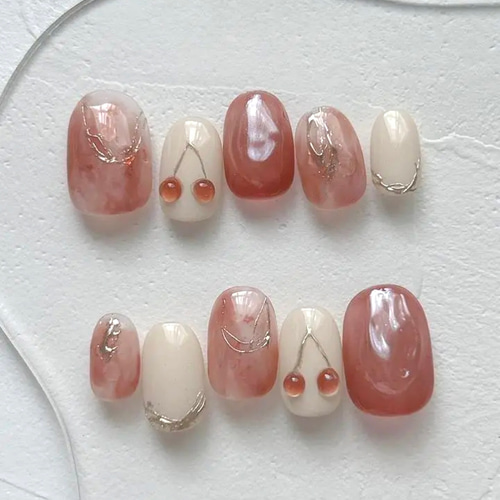 76 透け感/さくらんぼ ネイルチップ/うるうる/ブライダル/ピンクレッド