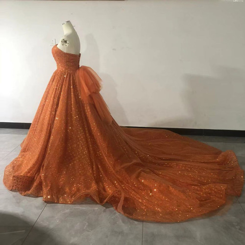 送料無料！オレンジ キラキラグリッターチュール カラードレス