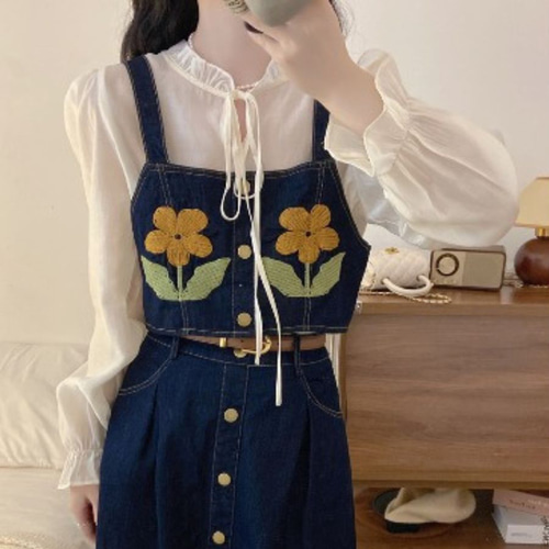 テープ刺繍 チュール 前後2way キャミソール ビスチェ ( セットアップ 可) 刺繍入りキャミソール2枚セット