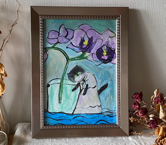 絵画 。壁掛け絵☆【猫ちゃんが丁寧に守ってくれる胡蝶蘭がもたらす幸せ】 絵画 。壁掛け絵☆【猫ちゃんが丁寧に守ってくれる胡蝶蘭が