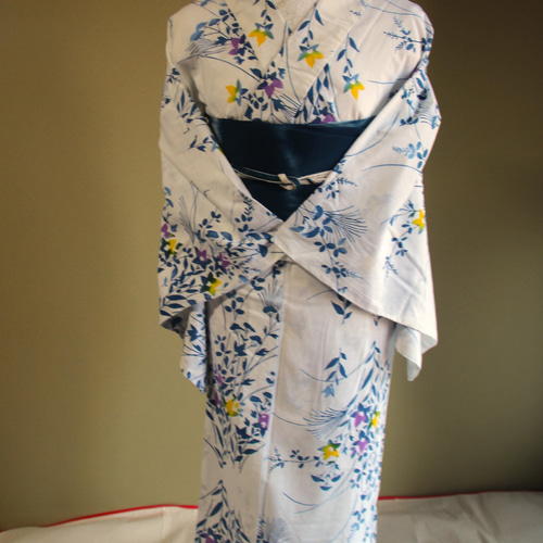 美品 浴衣 有松絞り 緑がかった渋い黄 花 麻の葉 トールサイズ