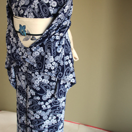 夏小紋綿両面藍染め、紺色型絵絣柄、手縫い 夏小紋綿両面