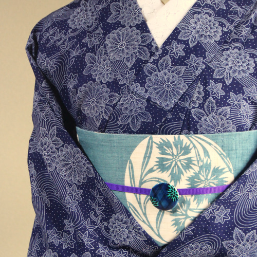 手染め藍染 型染浴衣 濃紺 川流れに菊紅葉笹 細かい型染小紋柄