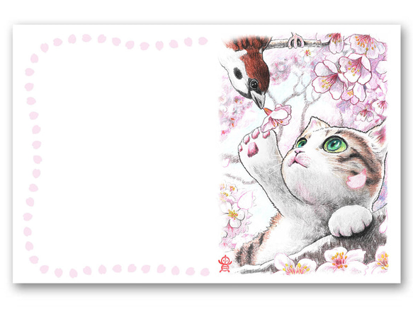 桜とスズメと猫さん イラストポストカード・5枚セット 1枚目の画像