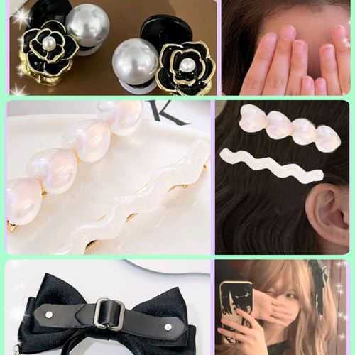 ヘアクリップ カメリアブラック黒パールハーフツイン前髪アップハート