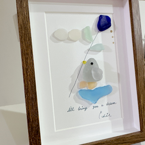 シーグラスアート 【ペンギンさんからの贈り物】 インテリア ブルー