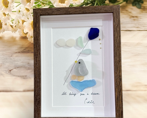 シーグラスアート 【ペンギンさんからの贈り物】 インテリア ブルー