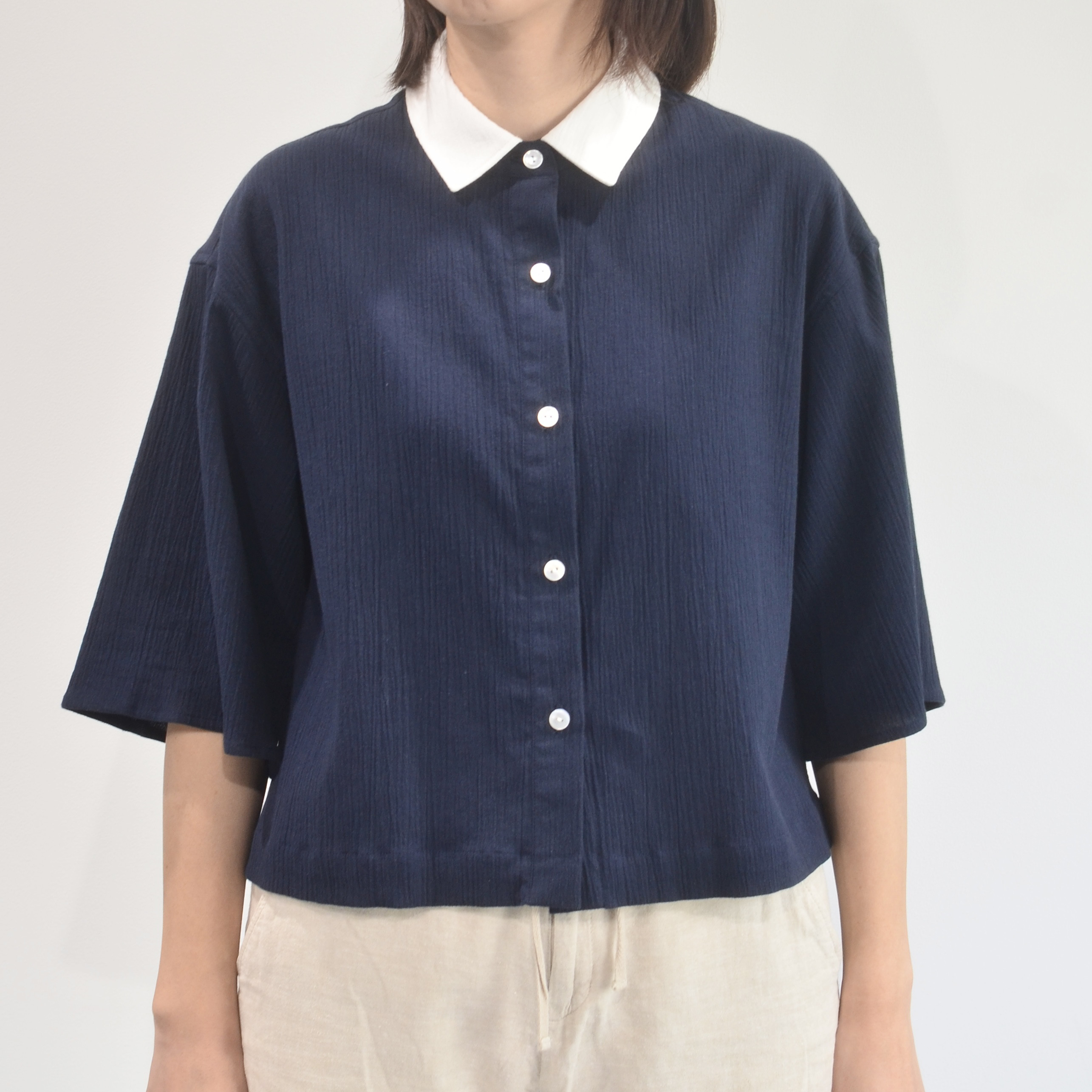 【高島ちぢみ】クロップドシャツ <<Navy>>