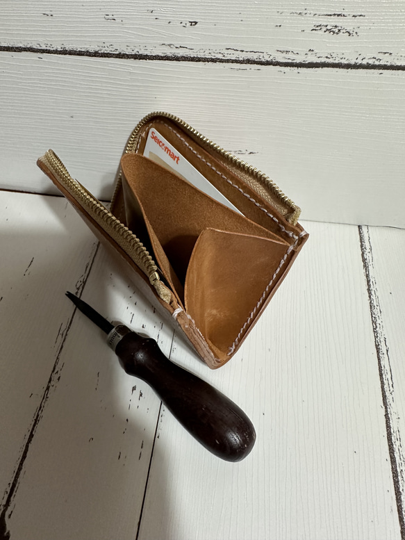 Ｌ型ラウンド財布本革レザー手縫いコンパクト財布財布 3枚目の画像