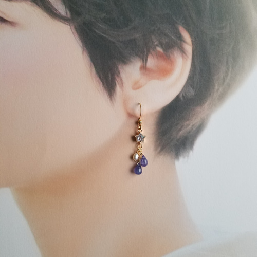 小さな星と淡水パールとタンザナイト ビアス/イヤリング ピアス 
