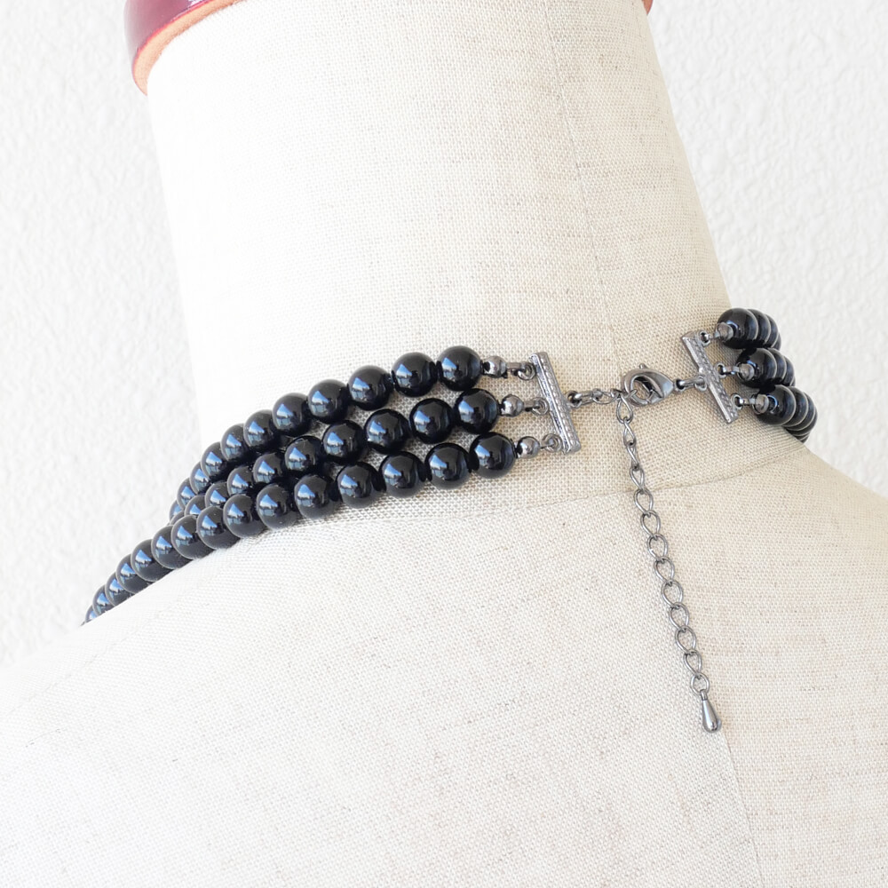 華珠 和 黒珠 赤 ガンメタ ３連 ロング ネックレス 和ゴス