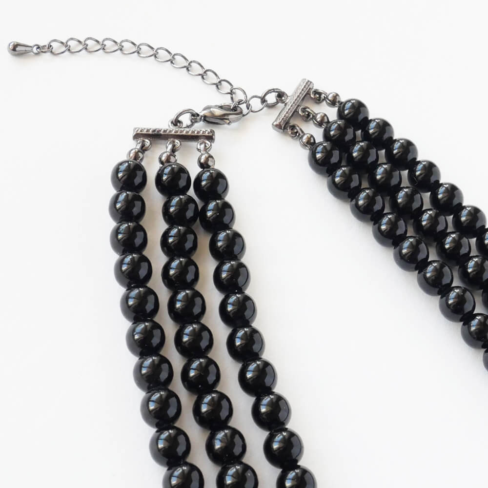 華珠 和 黒珠 赤 ガンメタ ３連 ロング ネックレス 和ゴス