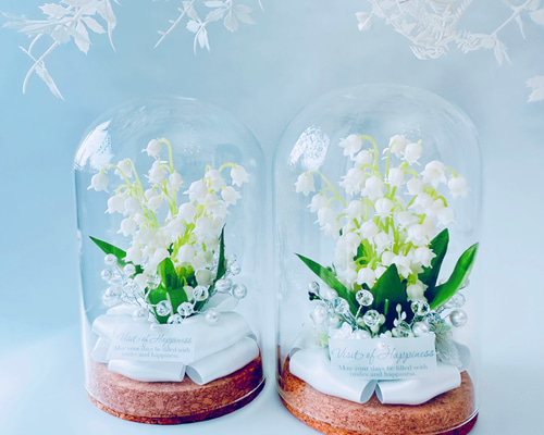 幸せ運ぶすずらんのふんわりリボン添え♡ジュエルフラワーガラスドーム