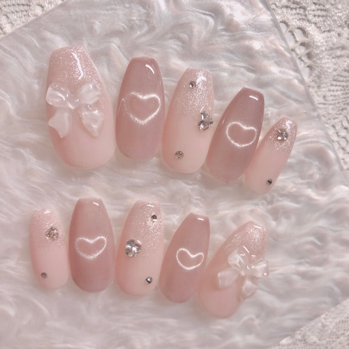 ネイルチップ ピンク マグネットネイル ハート リボン 韓国 ワンホン