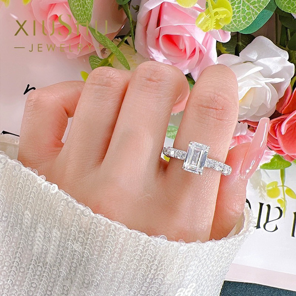 エメラルドカット 高炭素ダイヤモンド キラキラ ゴージャス ラグジュアリー エタニティリング 指輪 フル 白 ホワイト 5枚目の画像