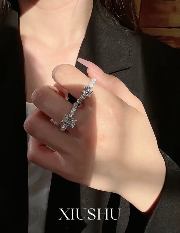エメラルドカット 高炭素ダイヤモンド キラキラ ゴージャス ラグジュアリー エタニティリング 指輪 フル 白 ホワイト 8枚目の画像