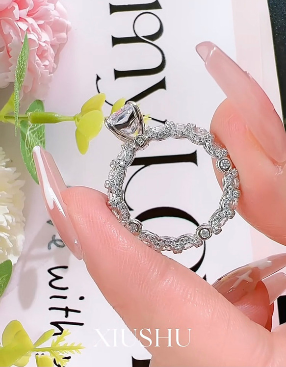 エメラルドカット 高炭素ダイヤモンド キラキラ ゴージャス ラグジュアリー エタニティリング 指輪 フル 白 ホワイト 11枚目の画像