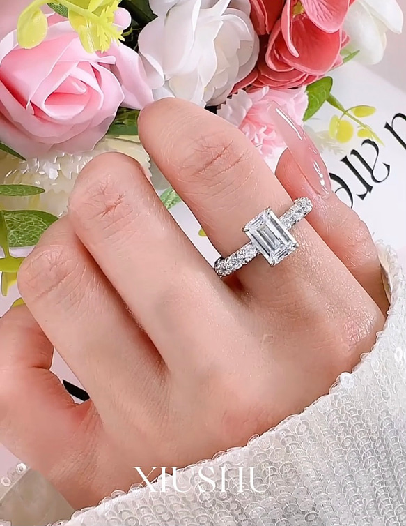 エメラルドカット 高炭素ダイヤモンド キラキラ ゴージャス ラグジュアリー エタニティリング 指輪 フル 白 ホワイト 18枚目の画像