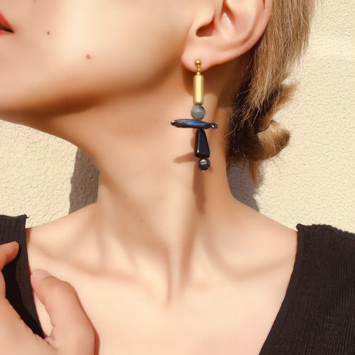 ヴィンテージ ハンドメイド ピアス ゴールド チューブ ブルー アゲート 