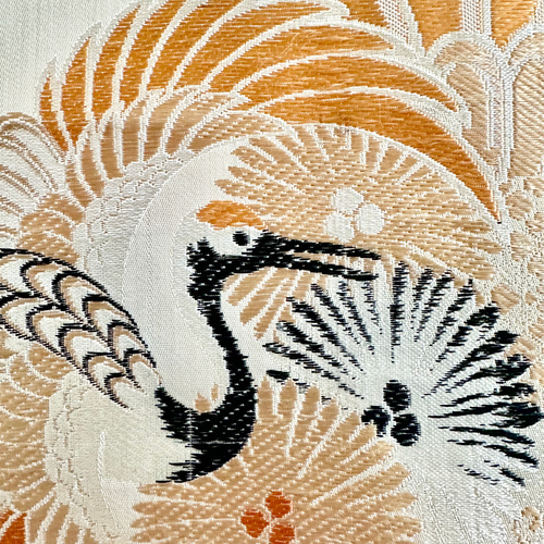 帯のタペストリー アンティーク 花の扇と舞い飛ぶ鶴 着物リメイク