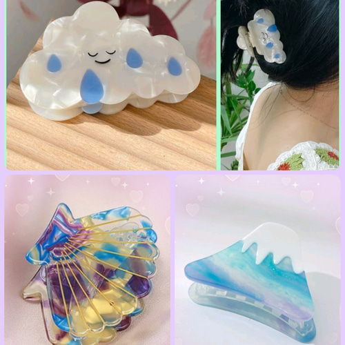 バンスクリップヘアクリップ くも雨雲かわいい 貝殻シェルパープル