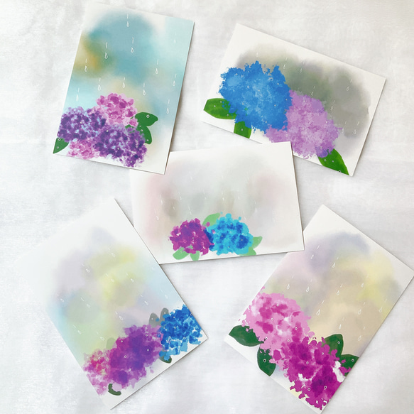 ②雨と紫陽花　5枚セット　ポストカード　はがき　イラスト　デザイン　梅雨　季節　お花　かわいい　おしゃれ　自然 1枚目の画像