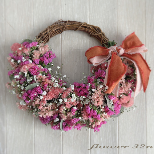 かすみ草とスターチスのリース ピンク＆オレンジ リース flower32n