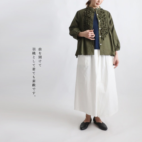 最終ＳＡＬＥ　ギマ擬麻コットン　大人甘めの小花フリルシャツ　羽織　ゆったり　ブラウス　マスタード　U42 ラスト4 夏SALE ギマ擬麻コットン 小花 フリル シャツ