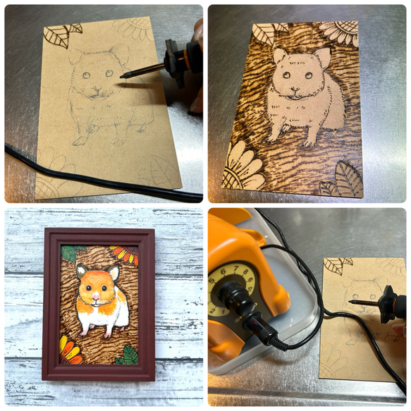 [免運費] 明信片大小的我孩子的寵物肖像，木材燃燒，燒焦的圖片帶框架，獨特，亞洲，有趣，環保 第3張的照片