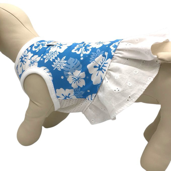 メッシュ 接触冷感 クール 犬服 夏 ブルー タンクトップ スカート イタグレ コーギー フレブル ダックス  夏服 服 4枚目の画像