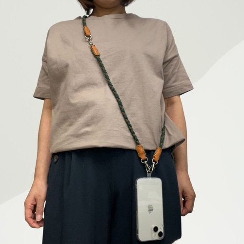 3Way 本革×パラコード スマホショルダーストラップ カーキ&グリーン