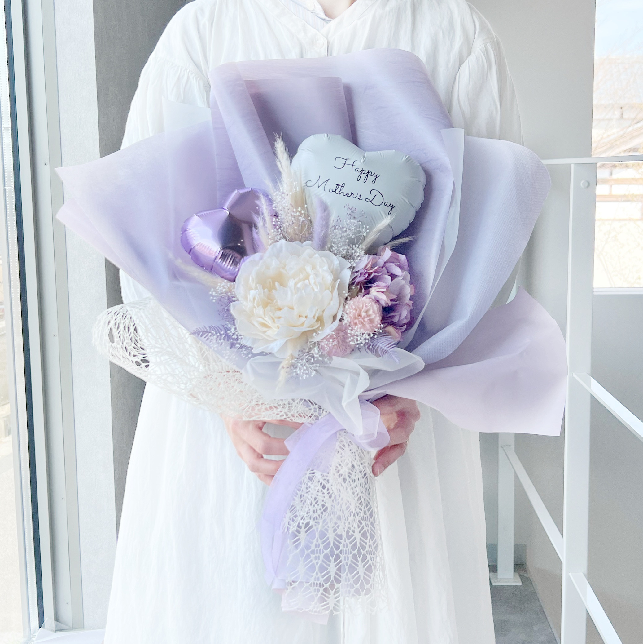 ２WAY　お花屋さんのバルーンフラワー　パープル　カーネーション　発表会　卒業式　結婚祝い　誕生日