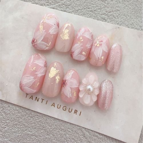 超豪華 桜 ネイルチップ 春 高級 ゴージャス 贅沢 花柄 ピンク色