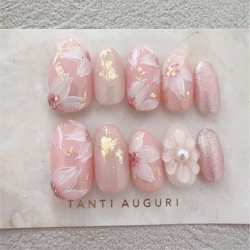 超豪華 桜 ネイルチップ 春 高級 ゴージャス 贅沢 花柄 ピンク色