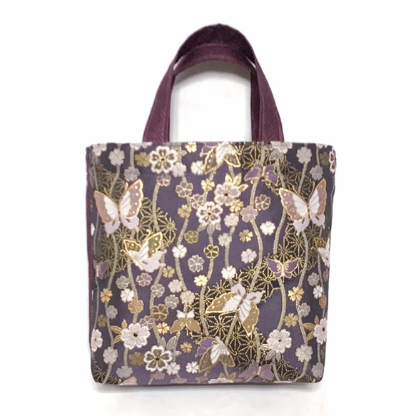 金襴布トートバッグ　蝶々（紫）　和柄バッグ　和装に最適　華やかで上品　西陣織　 1枚目の画像