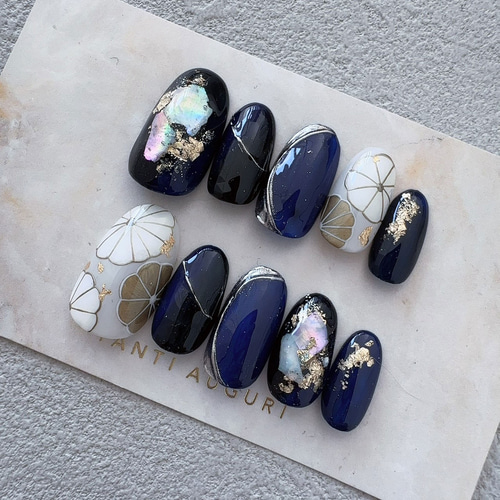 ［NO.4］ネイルチップ 和柄 成人式 振袖 ブルー ネイルチップ 成人式 振袖 和柄 和装 着物 グラデーション 花