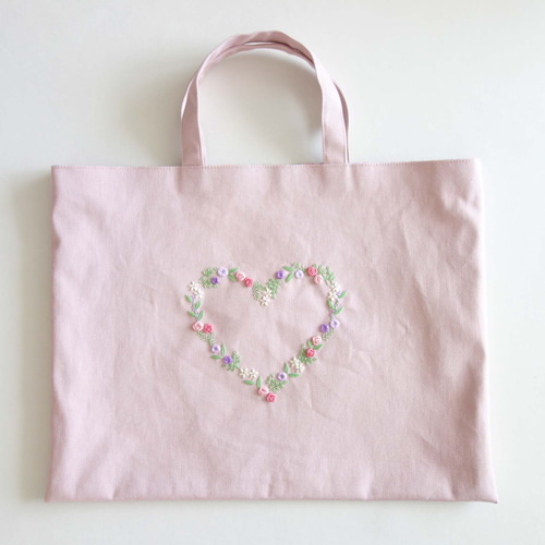 レッスンバッグ ハート 花 刺繍 ピンク リバティ チェリー