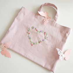 レッスンバッグ　ハート　花 刺繍　ピンク　リバティ チェリー 女の子 1枚目の画像
