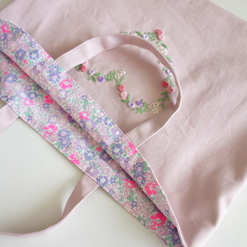 レッスンバッグ ハート 花 刺繍 ピンク リバティ チェリー