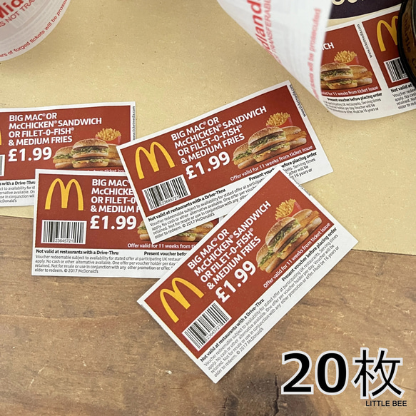 117・イギリス　バスチケット　マクドナルドクーポン　20枚　ジャンクジャーナル　紙もの　海外雑貨　マクドナルド　バス　 1枚目の画像