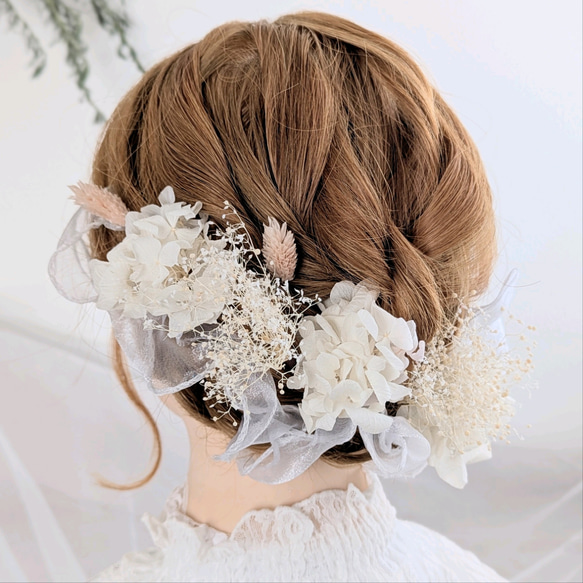 シアーリボン × アクセント ピンク 髪飾り 【 成人式 ウェディング 前