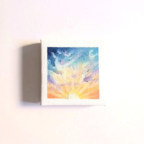 【キャンバスアート：おまけ原画付き】 原画キーホルダー：「朝日」5×5cmキャンバス その他アート MAIART SHOP