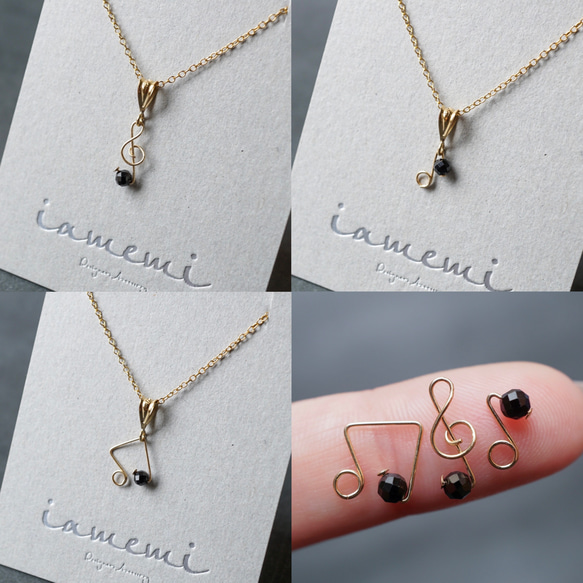 【ネックレス】「小さな音符」ト音記号 八分音符 天然石 パール ブラックスピネル フォーマル ゴールド シンプル 母の日 3枚目の画像