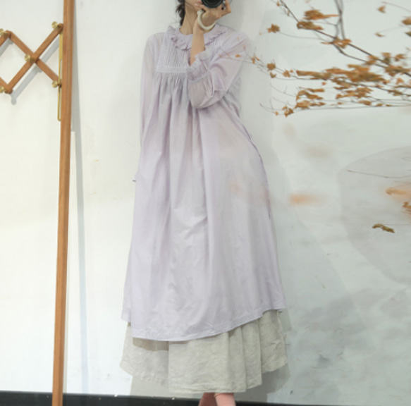 新作.品質よい麻/リネンドレス.上品な涼しいワンピース　ミディアムスカート　パープル 2枚目の画像