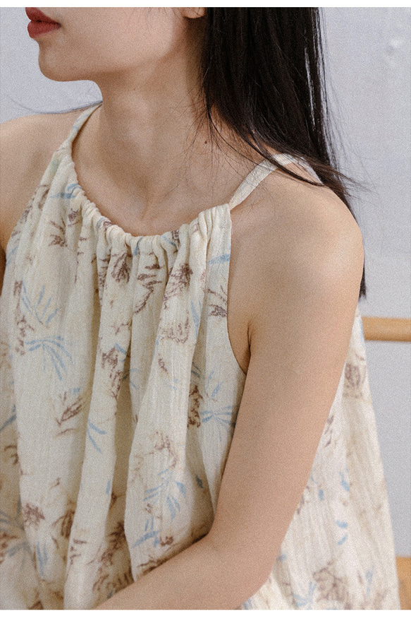 夏ピュアリネンスリングドレスAラインスカートラミー袖なしワンピース 3枚目の画像