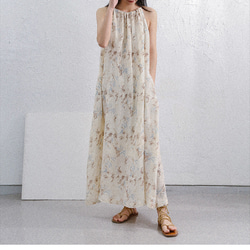 夏ピュアリネンスリングドレスAラインスカートラミー袖なしワンピース 1枚目の画像